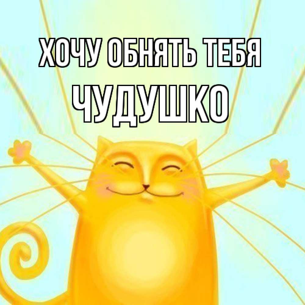 Открытка на каждый день с именем, Чудушко Хочу обнять тебя солнечный обнимашечный кот Прикольная открытка с пожеланием онлайн скачать бесплатно 