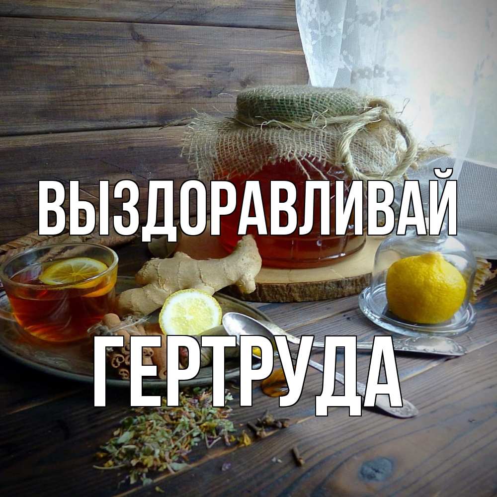 Открытка на каждый день с именем, Гертруда Выздоравливай банка с медом Прикольная открытка с пожеланием онлайн скачать бесплатно 