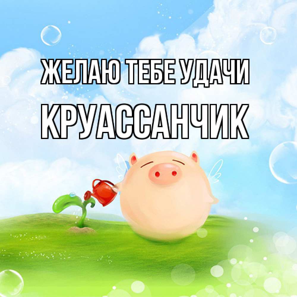 Открытка на каждый день с именем, круассанчик Желаю тебе удачи поросенок поливает цветок. летнее настроение Прикольная открытка с пожеланием онлайн скачать бесплатно 