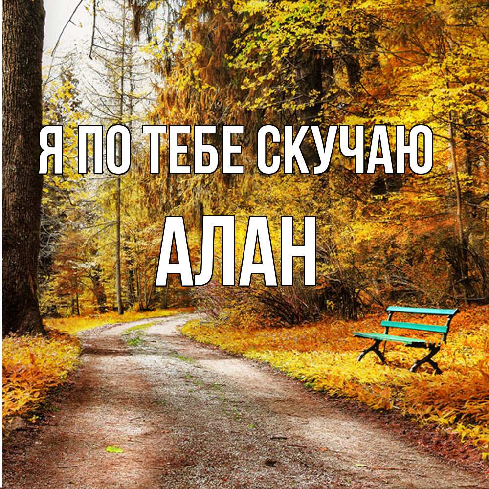 Открытка на каждый день с именем, Алан Я по тебе скучаю зеленая лавочка и осенний лес Прикольная открытка с пожеланием онлайн скачать бесплатно 