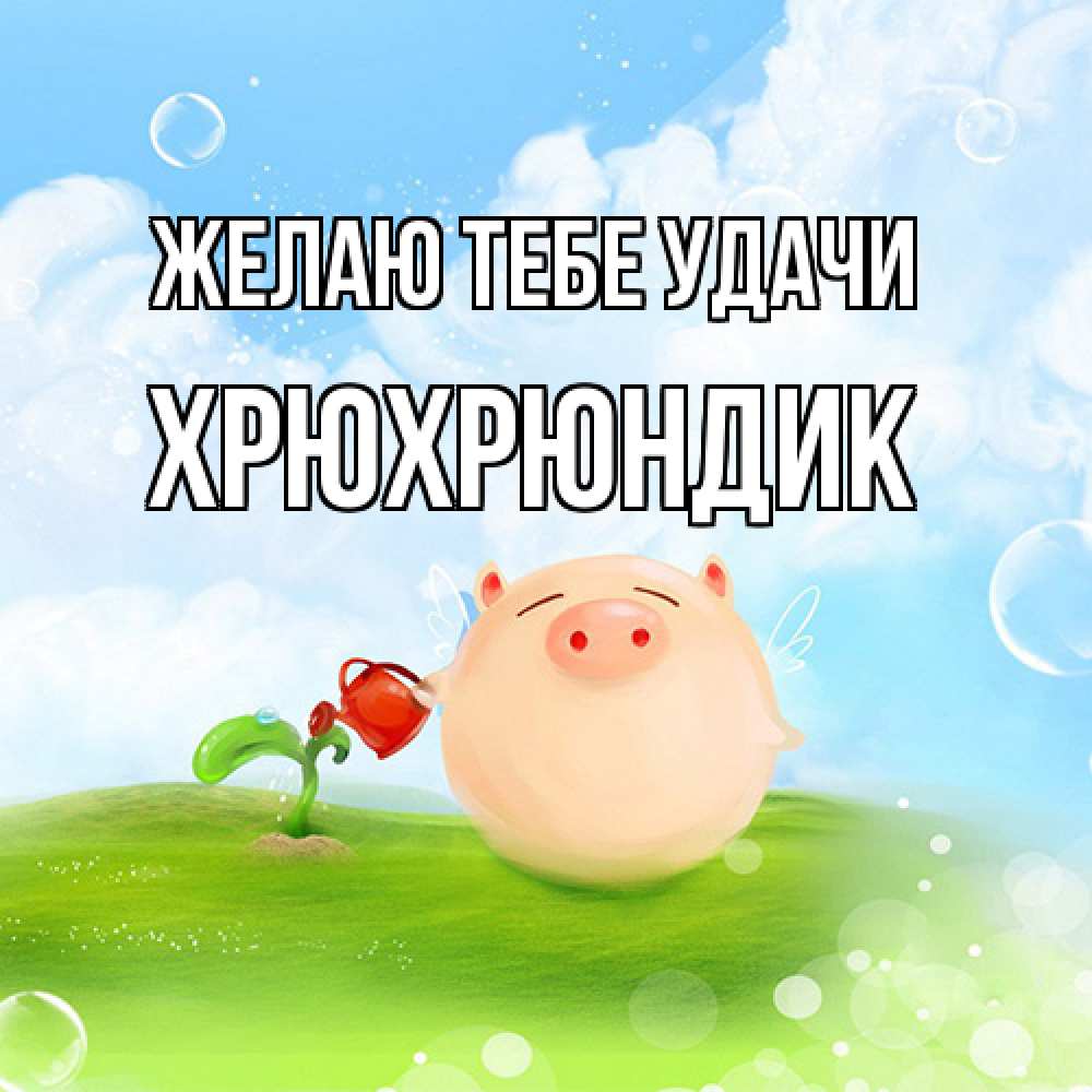 Открытка на каждый день с именем, Хрюхрюндик Желаю тебе удачи поросенок поливает цветок. летнее настроение Прикольная открытка с пожеланием онлайн скачать бесплатно 