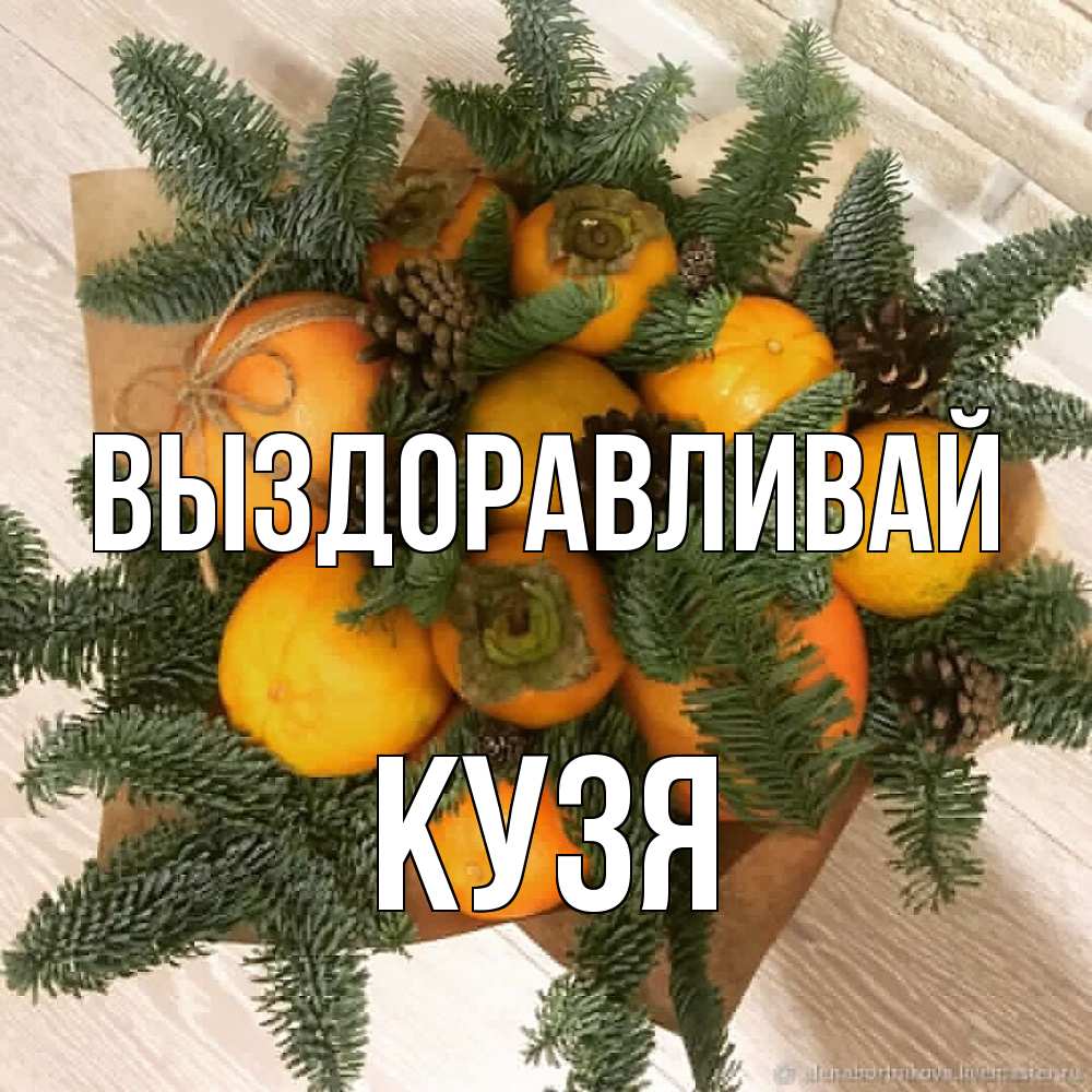 Открытка на каждый день с именем, Кузя Выздоравливай апельсины и хурьма Прикольная открытка с пожеланием онлайн скачать бесплатно 