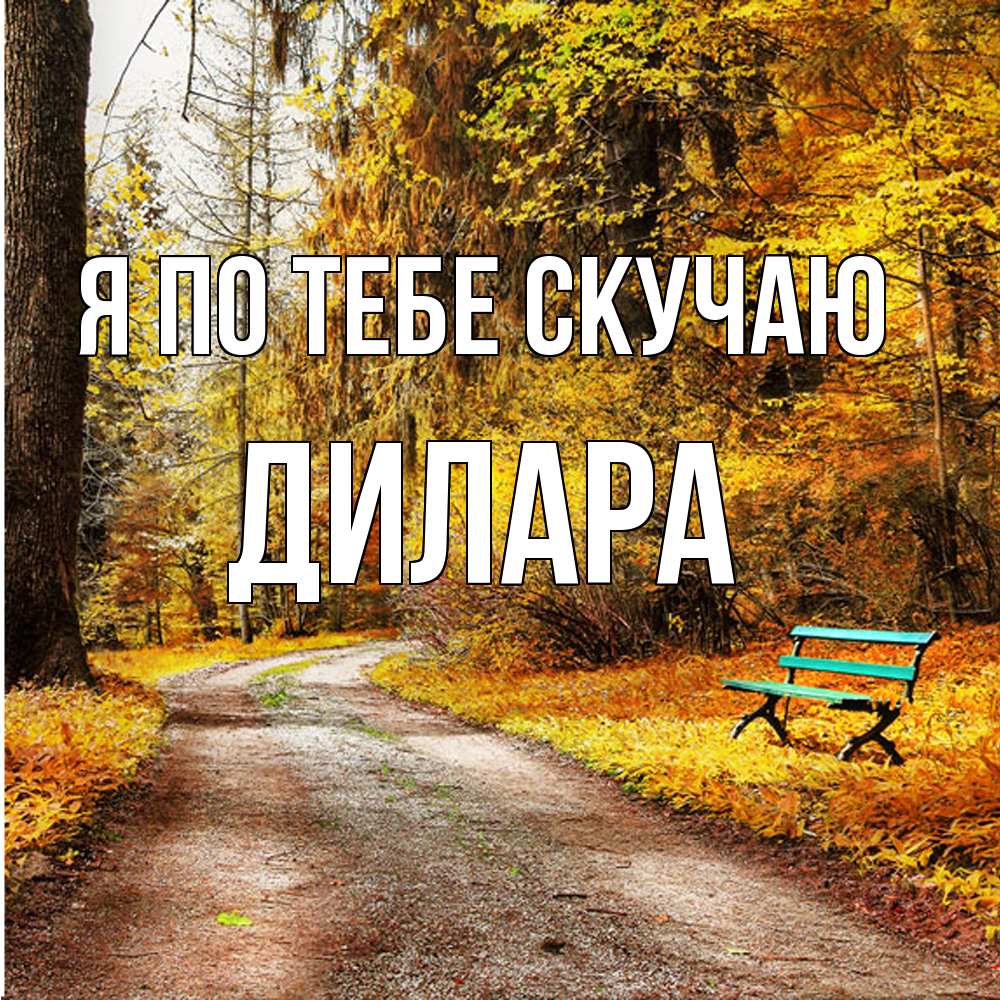 Открытка на каждый день с именем, Дилара Я по тебе скучаю зеленая лавочка и осенний лес Прикольная открытка с пожеланием онлайн скачать бесплатно 