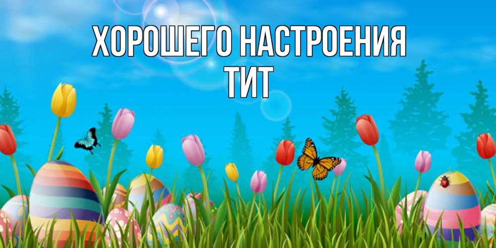 Открытка на каждый день с именем, Тит Хорошего настроения небо и тюльпаны с бабочкой Прикольная открытка с пожеланием онлайн скачать бесплатно 