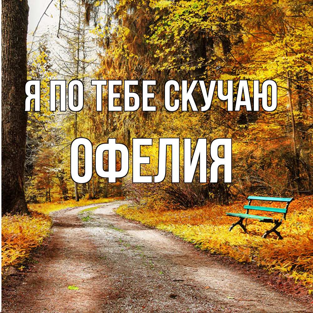 Открытка на каждый день с именем, Офелия Я по тебе скучаю зеленая лавочка и осенний лес Прикольная открытка с пожеланием онлайн скачать бесплатно 